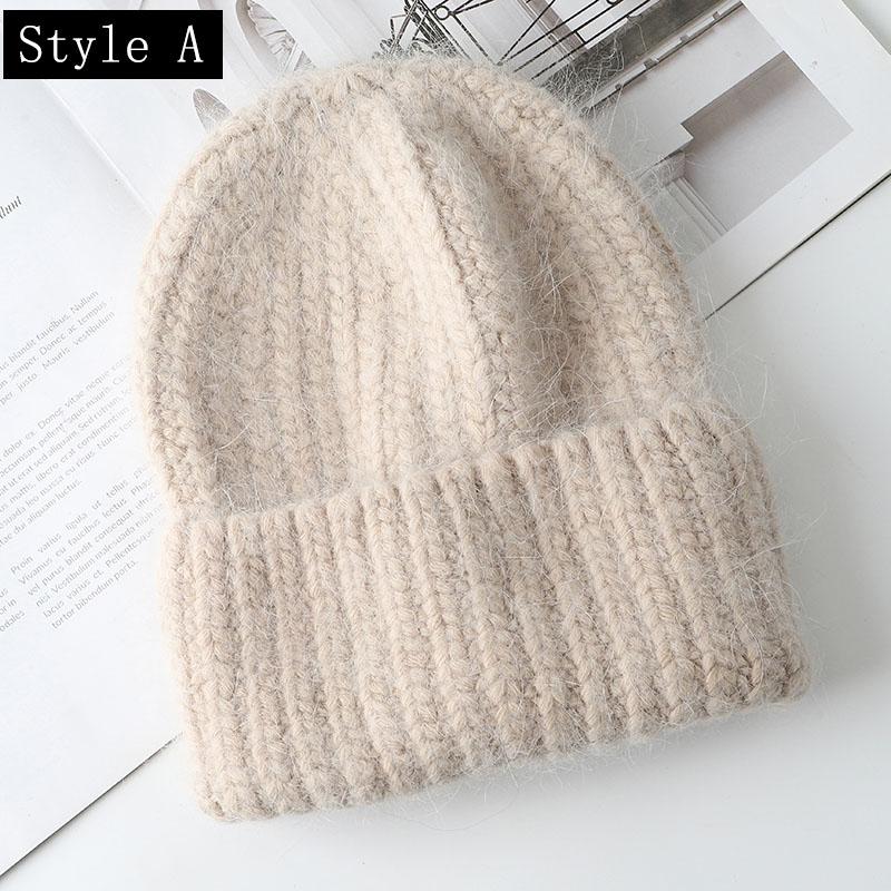 Konijnenbont Zachte Warme Beanie Muts Voor Vrouwen Wol Motorkap Dikke Gebreide Mooie Skullies Mutsen Ангорская вязаная шапка