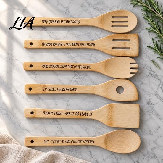 Humorous Kitchen Gifts 6Pcs Bamboo Spoon Set with Funny Swear Words, Engraved Wooden Serving Spoons Cooking Utensils, Gag Gift for Home Stirring