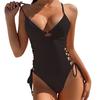 Women Swimsuit Solid Color One Piece Beachwear Padded Underwire Drawstring Swimwear Swimming