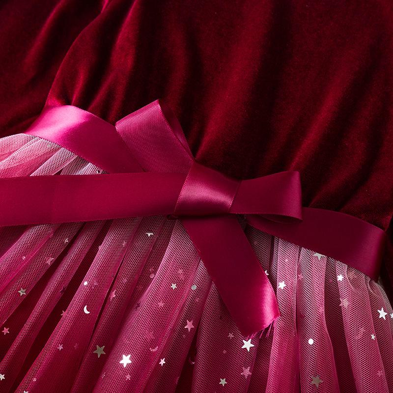 Осень-зима Новое платье для девочек с длинным рукавом из бархата, лоскутное платье со звездами и градиентной сеткой, платье принцессы, рождественские красные вечерние платья