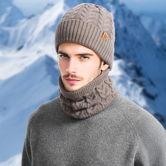 3Pcs/Set Men Hat Scarf Gloves Set Solid Color Twist Texture Brimless Hat Neckerchief Knitting Gloves Set Winter Accessories