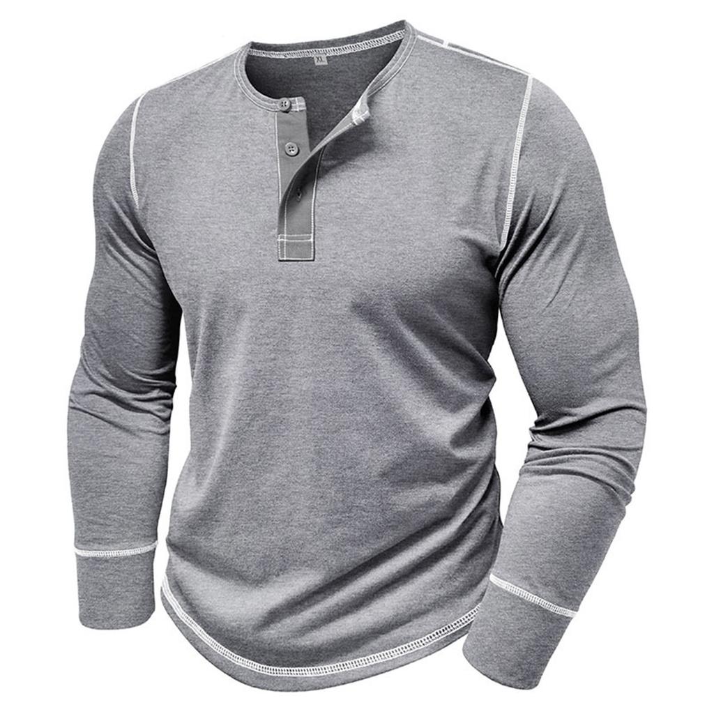 Men's Long Sleeve Shirt Men's Round Neck Button T-Shirt Color Block Top