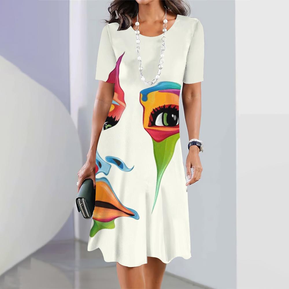 2024 Новые платья с 3D-принтом лица для женщин, элегантные платья миди, летнее женское платье с коротким рукавом, модная одежда больших размеров
