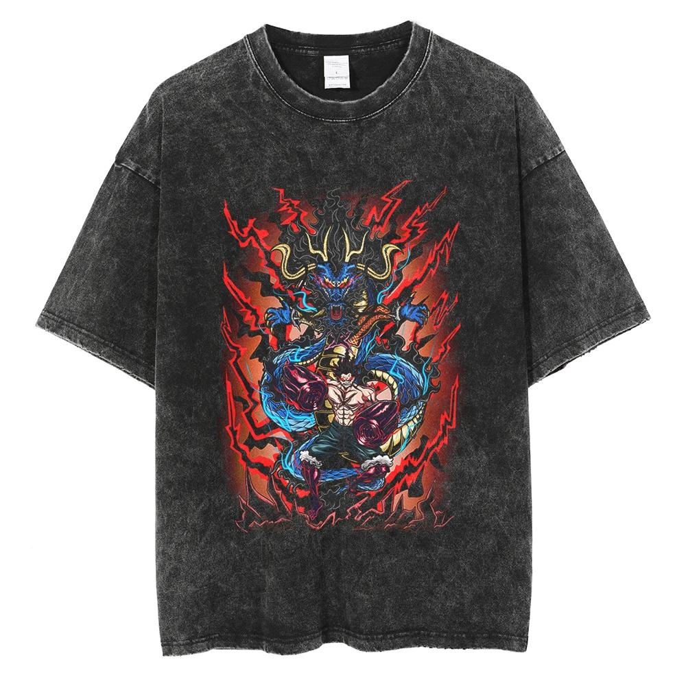 Harajuku Fashion Vintage TShirt Japanese ONE PIECE Anime Graphic Oversize T Shirt Washed Tshirt Men Summer Cotton Tops Tees