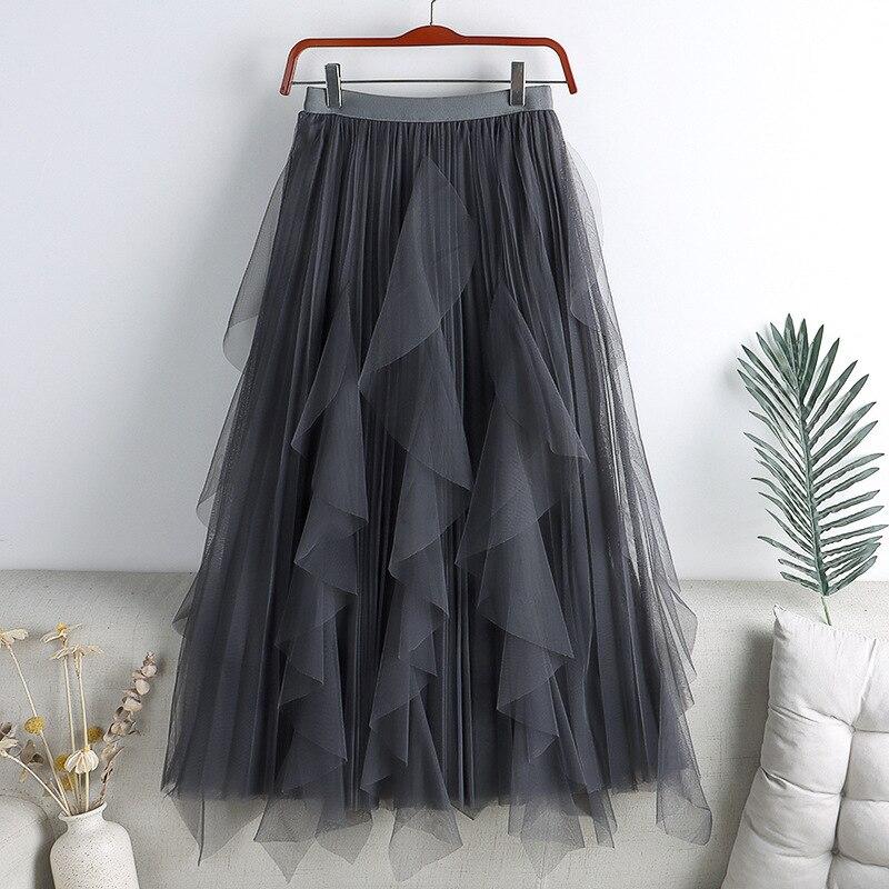 Qooth Summer Long Maxi Skirt Women FCute High-waisted Pleated Kawaii Tulle Skirt Mesh Gauze QT1240
