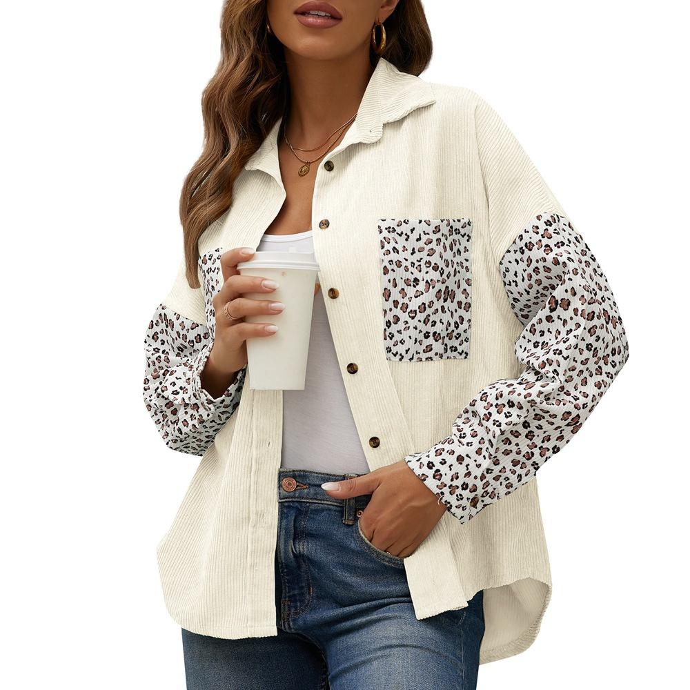 Winter Corduroy Coat Leopard Print Casual Lapel Buttoned Shirt Women Outerwear