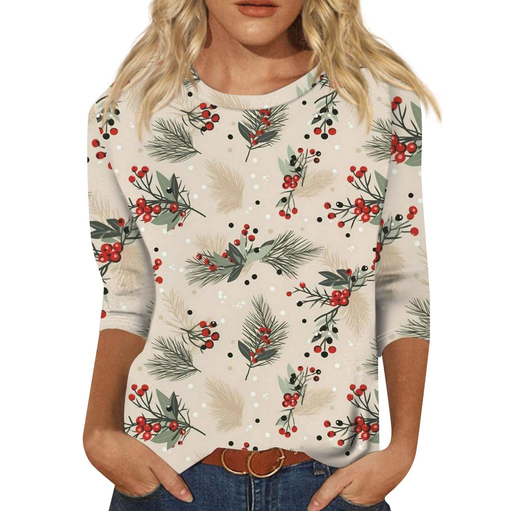 Women's Fashion Casual Seven Sleeve Christmas Printed Round Neck Top