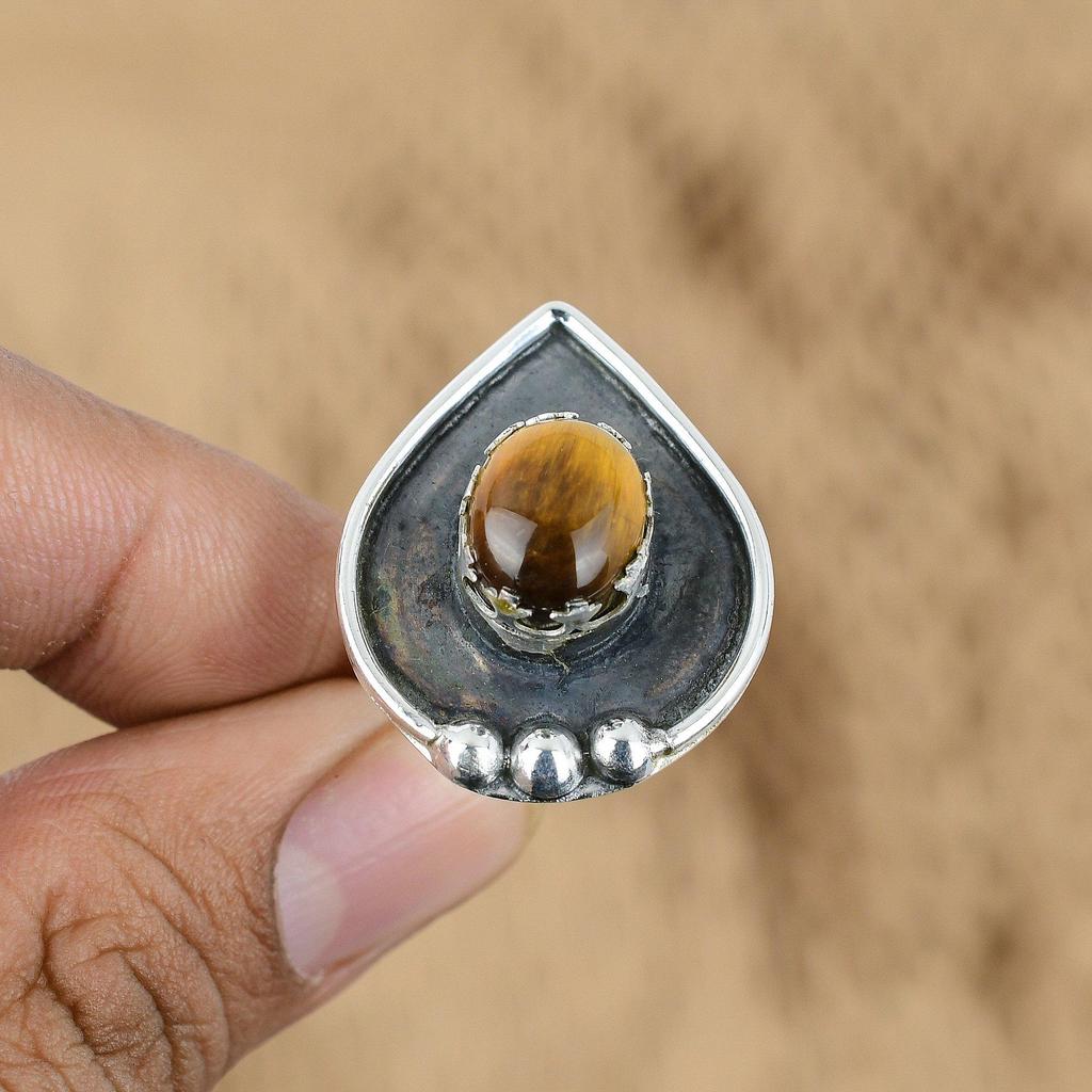 Natural Tiger'S Eye Gemstone Promise Yellow Adjustable Ring 925 Sterling Silver