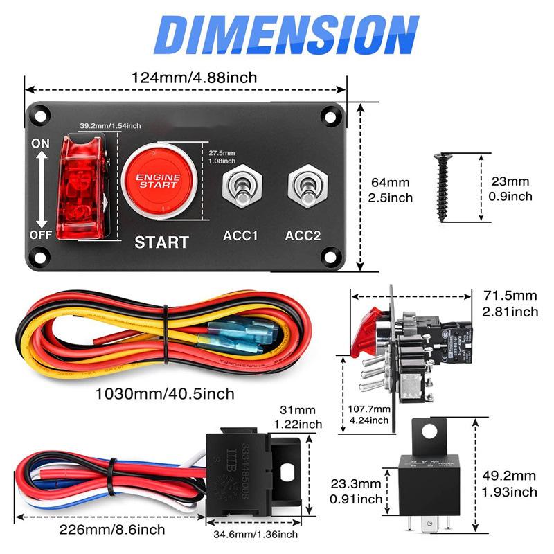 Ignition Rocker Switch Panel 12V 4 in 1 with Engine Push Button Toggle Switch with Relay Wiring Harness LED for RV Truck Racing