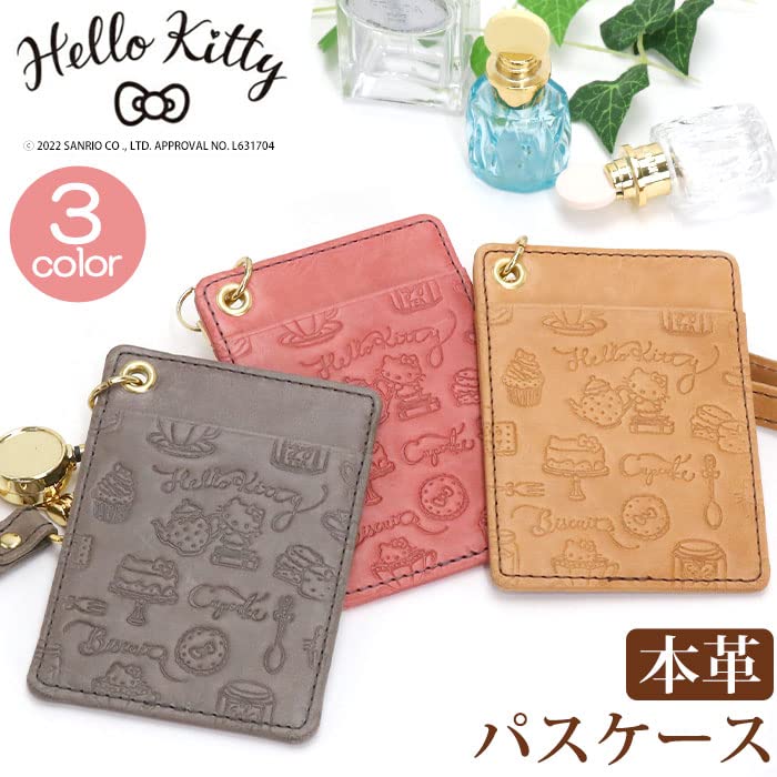 Hello Kitty Genuine Leather Pass Case with Reel Strap Commuter Holder IC Card Case Cowhide HELLO KITTY Fresh Kitty Fresh Gray [Sanrio] Women's (Hello