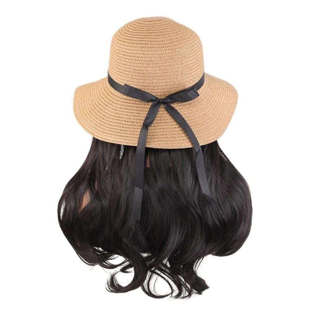 Wide Brim Fisherman Hat with Built-in Wig Sun Protection Long Wavy Curly Hair Vacation Accessory