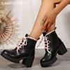 Winter Leather Chunky Women Ankle Boots Lace Up Fashion High Heels Shoes 2025 Trend Designer Classic Goth Pumps New Botas Mujer
