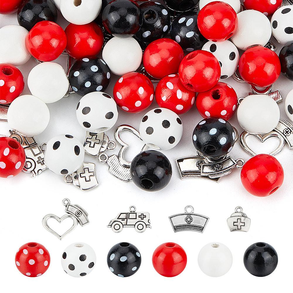 1box Nurse's Day Theme Jewelry Making Finding Kit Including Wooden Round Beads Alloy Pendants Heart & Ambulance & Cap Mixed color 160pcs/box