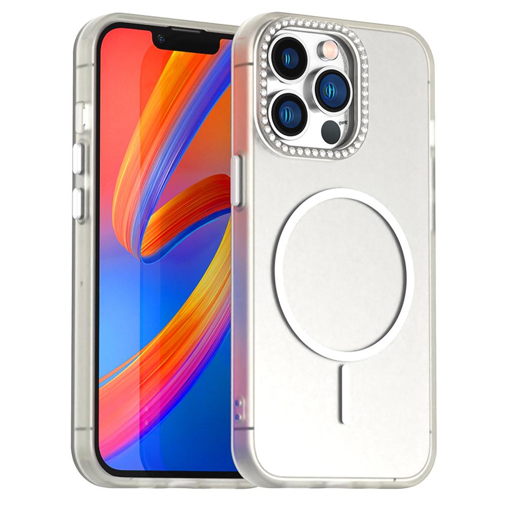 For iPhone 13 Pro Max Case Compatible with MagSafe TPU+PC+PET Phone Cover Rhinestone Decor Lens Frame