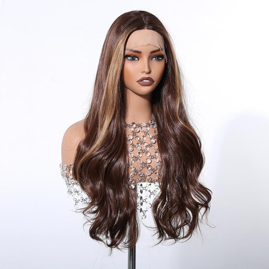 ALAN EATON Synthetic Front Lace Wig Red Brown Long Highlight Wave Middle Part Hair Synthetic Wigs Daily Party for Women