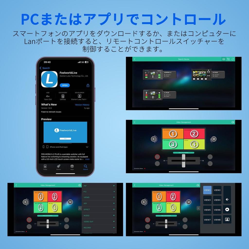 FEELWORLD L1 PLUS Video Switcher Input PTZ Control Chroma Keying Streaming Media Live Multi-Camera 4xHDMI2.0 USB3.0