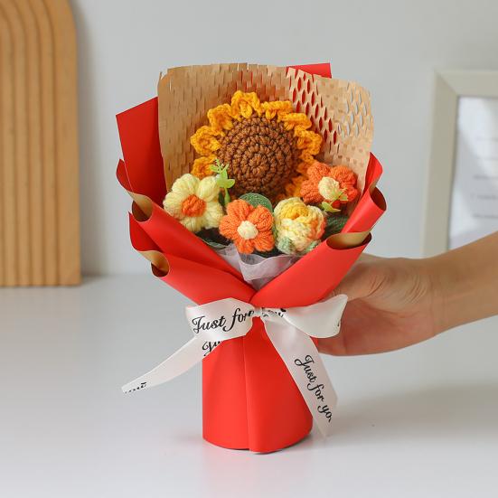 Handmade Wool Flower Bouquet Hand Crocheted Yarn Bouquet, Knitted Artificial Rose Sunflower, for Women Crochet Flowers Teacher