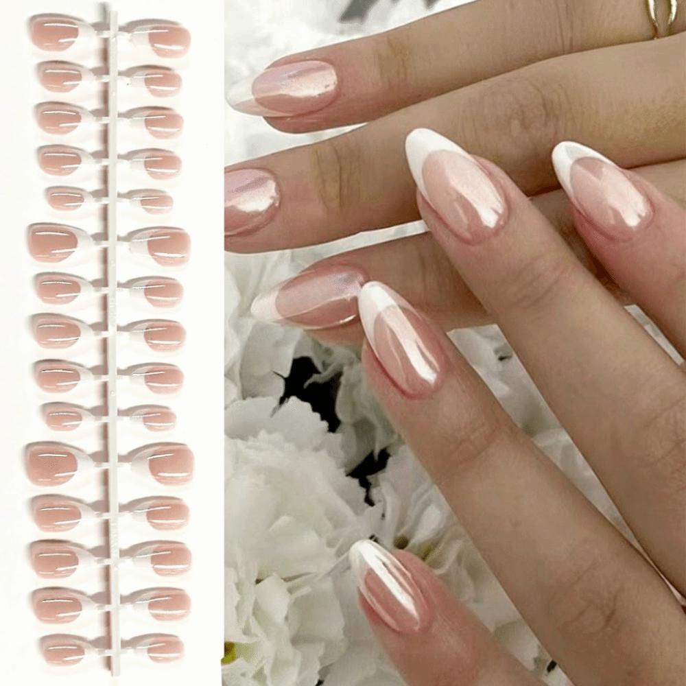 30Pcs Medium Length Press On Nails Nude Pink Fake Nails Simple French Tip Nails For Girl