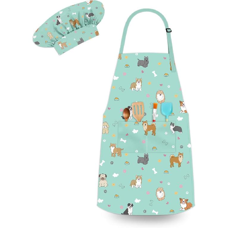 Kids Chef Hat and Apron, Adjustable Kids Aprons with Pocket Girls Boys Kitchen Toddler Aprons for Cooking Baking
