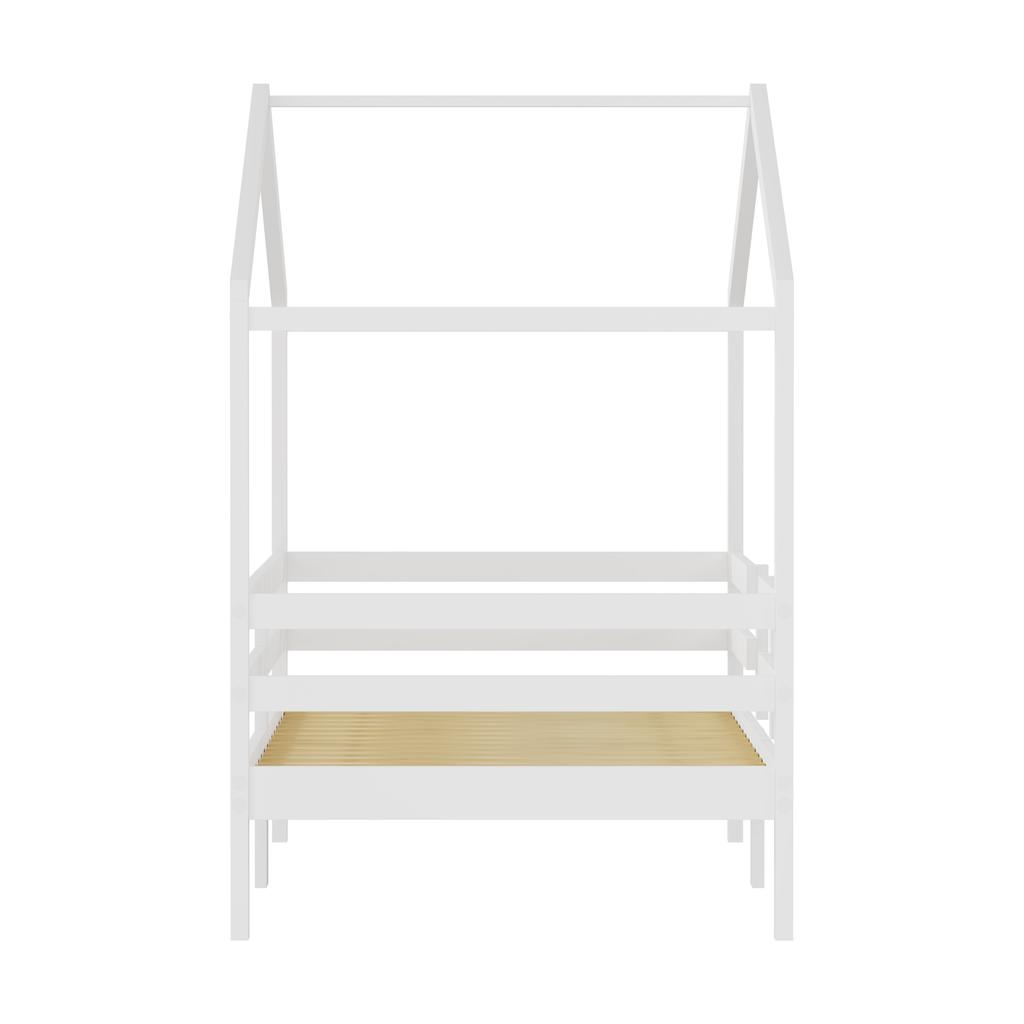 House Bed 90x200 cm, pine, house roof design, three-sided fall protection, slatted frame included, without mattress, color white, DE603090WT