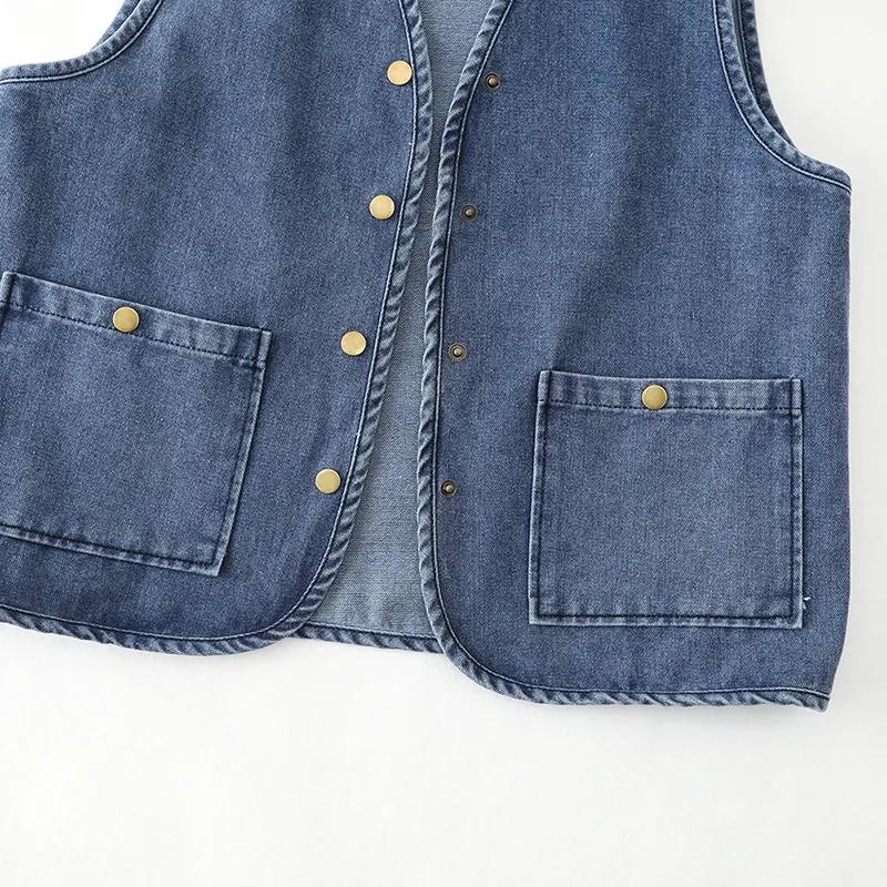 Женский весенне-осенний джинсовый жилет оверсайз, приталенная куртка с карманами