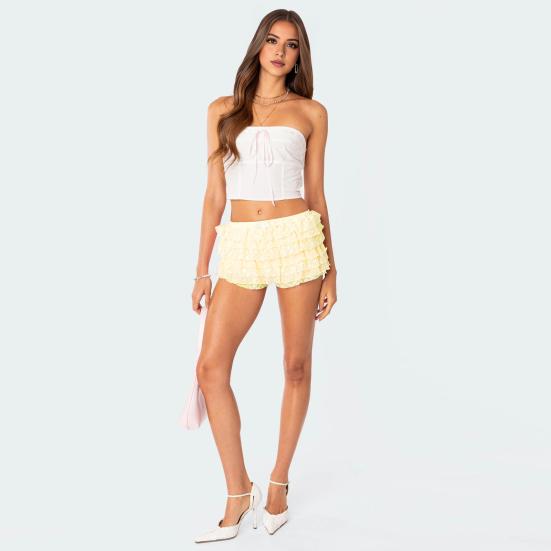 Women Lace Ruffle Bloomer Skirt Multi Layered Fairy Safety Shorts Elastic Waistband