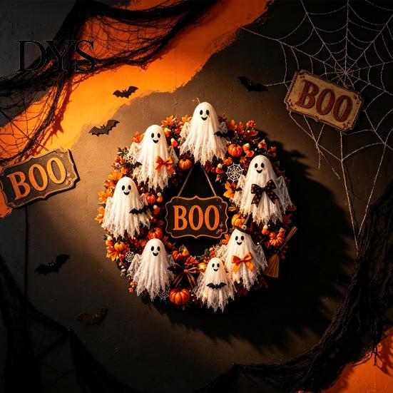 Decorative Fall Wreath Halloween Boo Ghost Wreath, Spooky Door Hanging Decoration with Pumpkins Holiday Home Accents And Spider Webs for Front Porch,