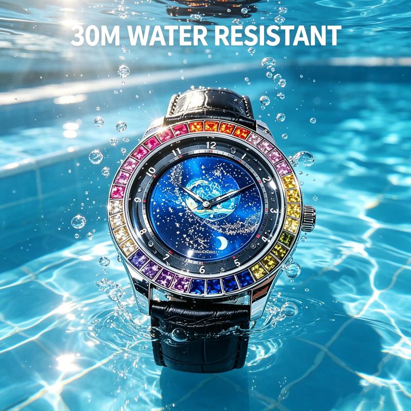 Rainbow Gemstone Bezel Automatic Mechanical Watch for Men Luxury Star Rotation Dial Watch Moon Men‘s Wristwatch