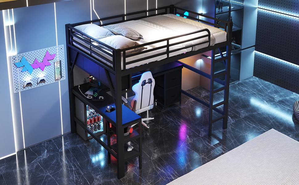 Metal loft bed for gaming (140 x 200 cm) with bookshelf, desk, cabinet, USB and LED lighting, black