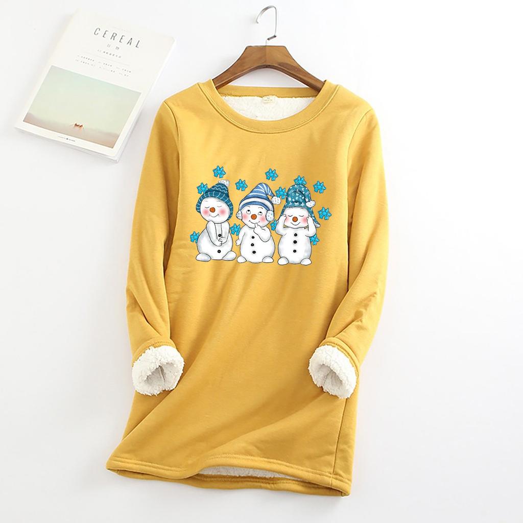 Женский круглый вырез с принтом из утолщенного плюша и кашемира, теплый длинный топ