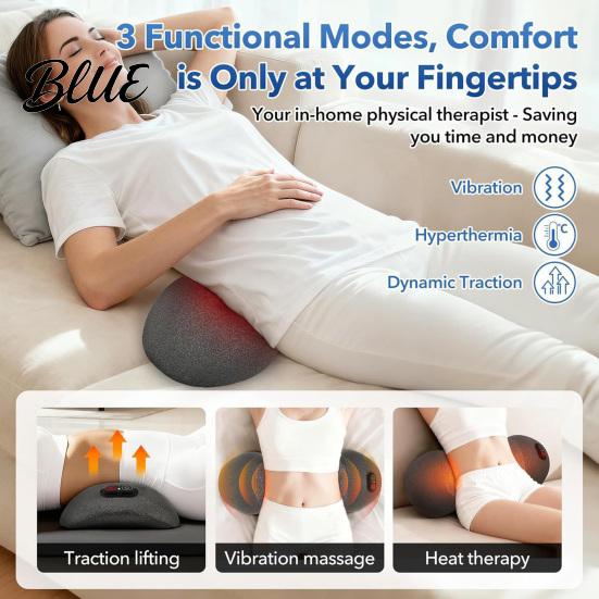 Ergonomic Memory Foam Waist Cushion 3-in-1 Lumbar Support Pillow, Triple Fusion Lower Back Massager with Heat, Vibration, Electric Heat Vibration