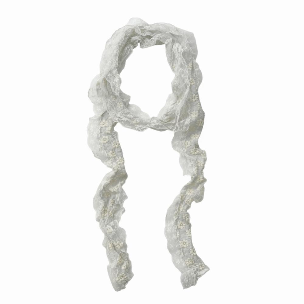 White Beige Lace Neck Scarf Flower Ribbon Headband Trendy Photo-Ready Shawl Spring Summer