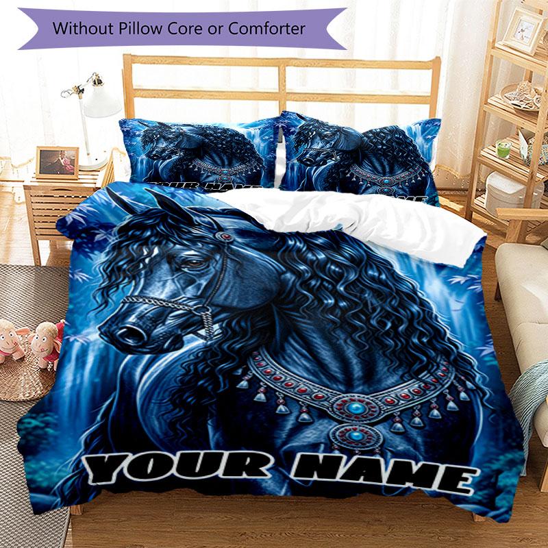 3PC Custom Name Ethereal Horse Fantasy Art Bedding Set Duvet Cover Closure Includes 1 Duvet Cover & 2 Pillowcases for Bedroom