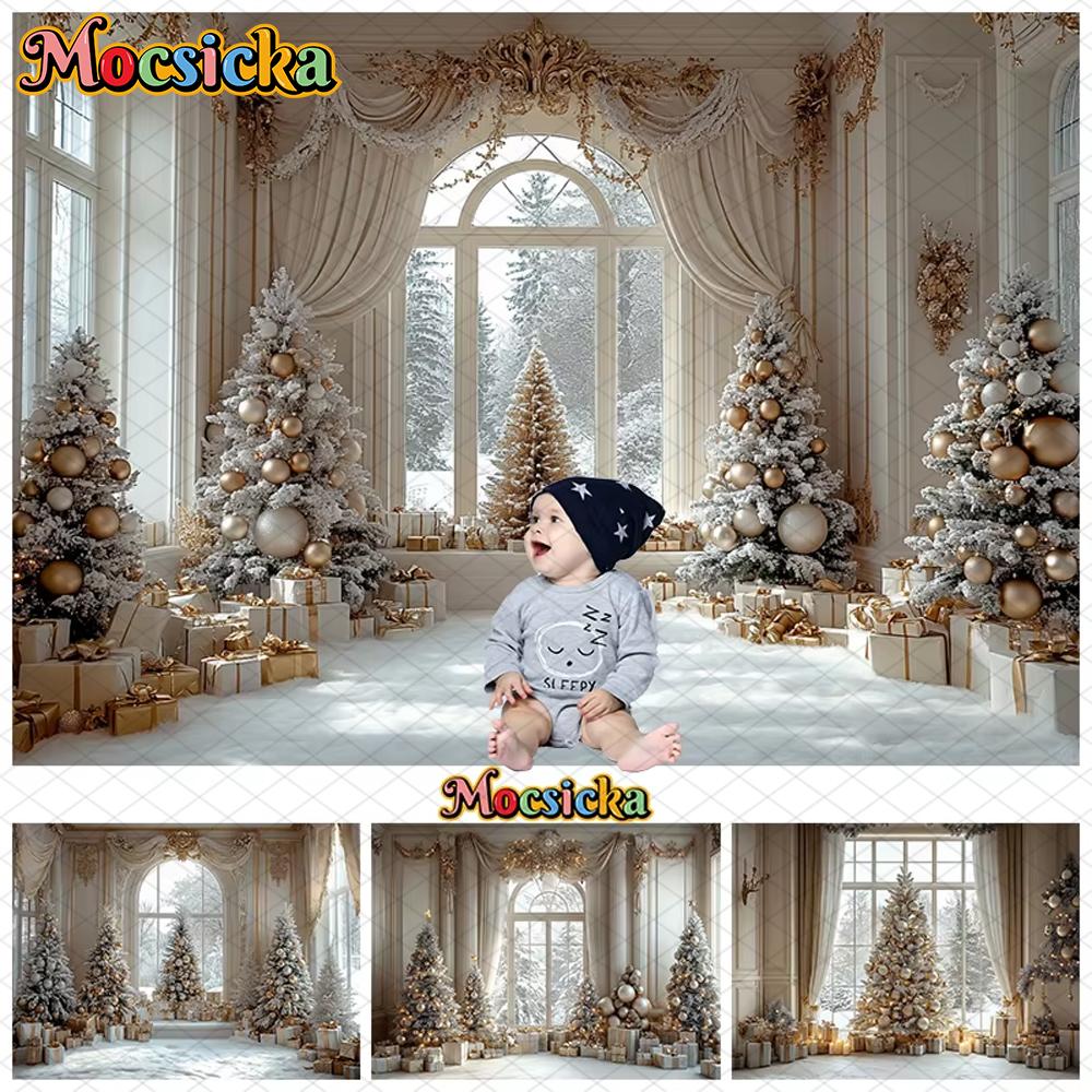 Mocsicka Рождественский Фон для Фотосъемки Елка Зима Снег Окно Дома Подарки Украшение Детская Фотозона Фотостудия