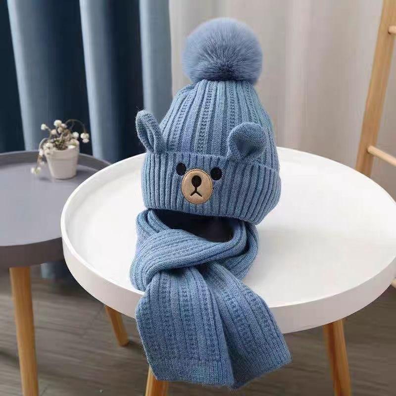 Autumn and Winter Children's Hat Boy Bear Wool Hat Girl Knitted Cotton Warm Baby Hat Scarf Two-piece Set