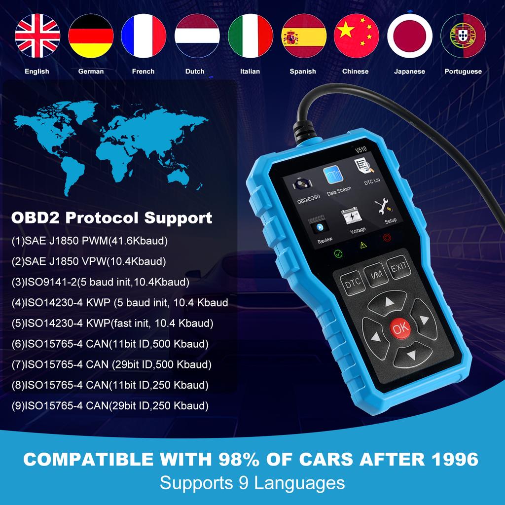 V510 OBD2 Диагностический сканер Автомобильный считыватель и сканер кодов Инструмент для проверки состояния транспортных средств Считыватели кодов 4