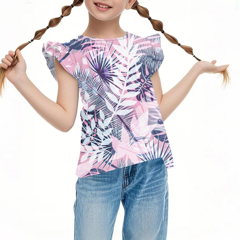 Детский повседневный топ с короткими рукавами, плиссированный, милый, с гавайским принтом, с круглым вырезом