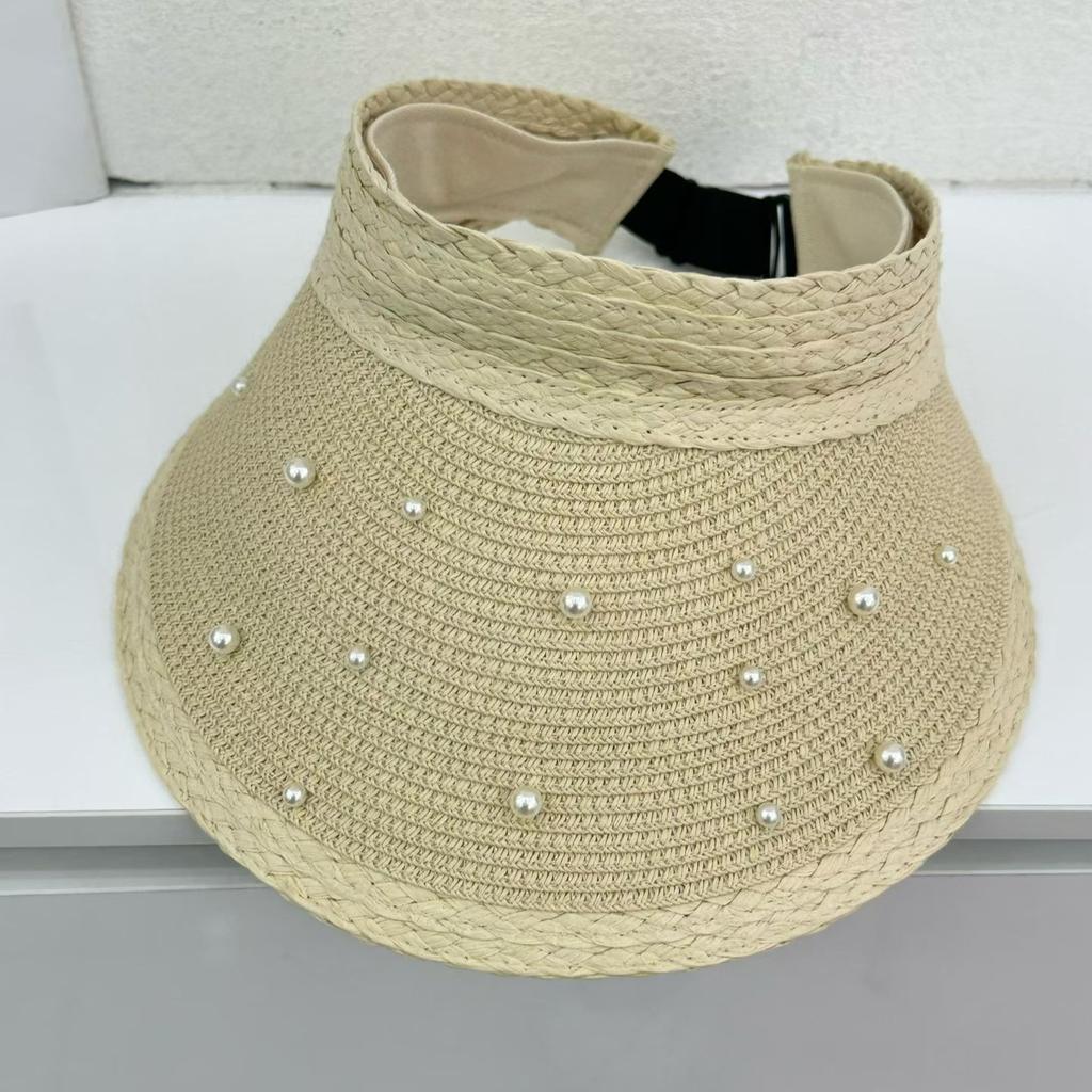 Summer outdoor sunscreen hat children fashion high sense pearl large brim straw hat seaside beach sunshade empty top hat