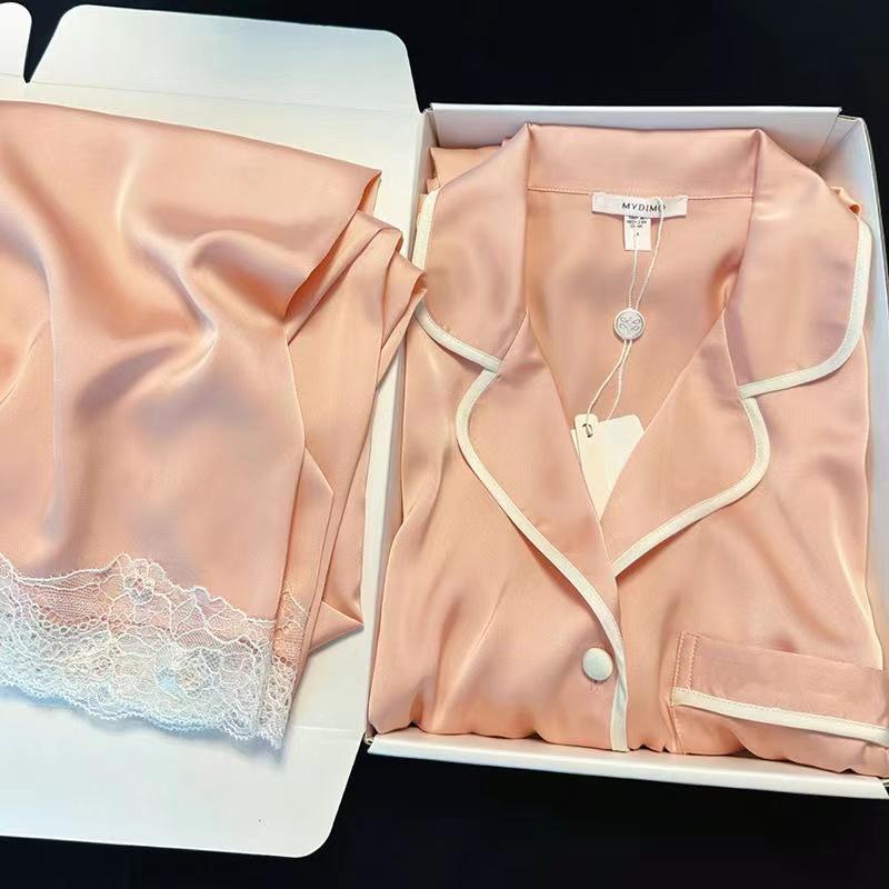 Spring Autumn New Ice Silk Soft Pajama Sets for Women Lace Lapel Cardigan Outfits for Women 2 Piece Set Sweet Pink Women Pajama
