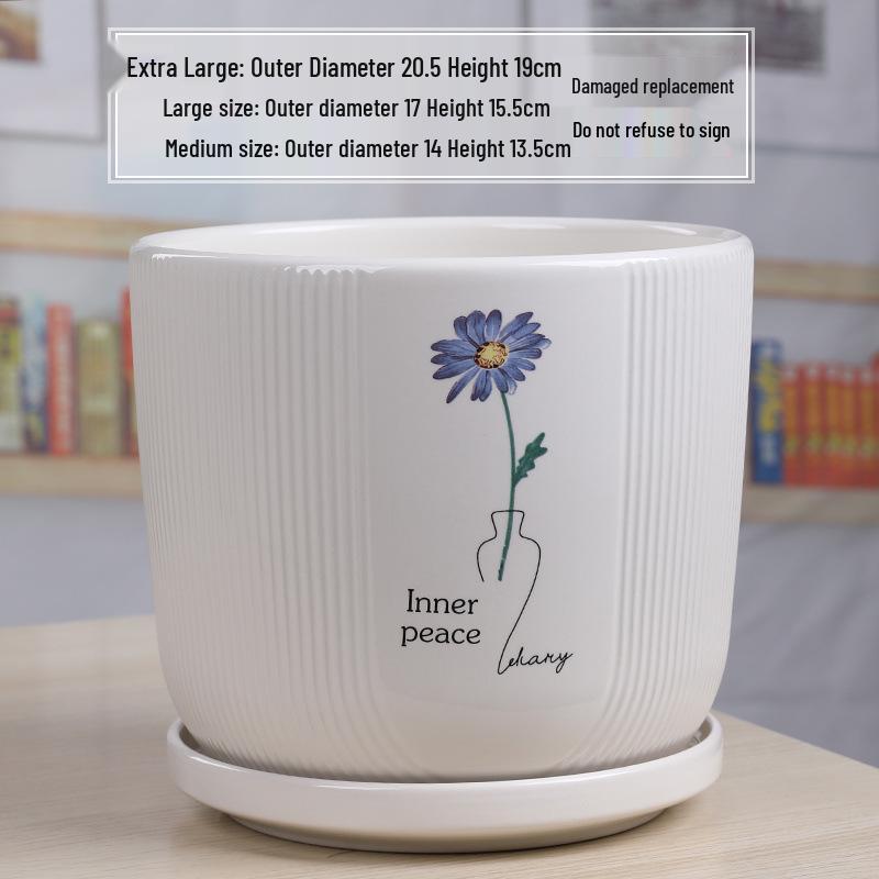 Simple White Ceramic Flower Pot with Base for Indoor Plants - Available in Large and Extra Large
