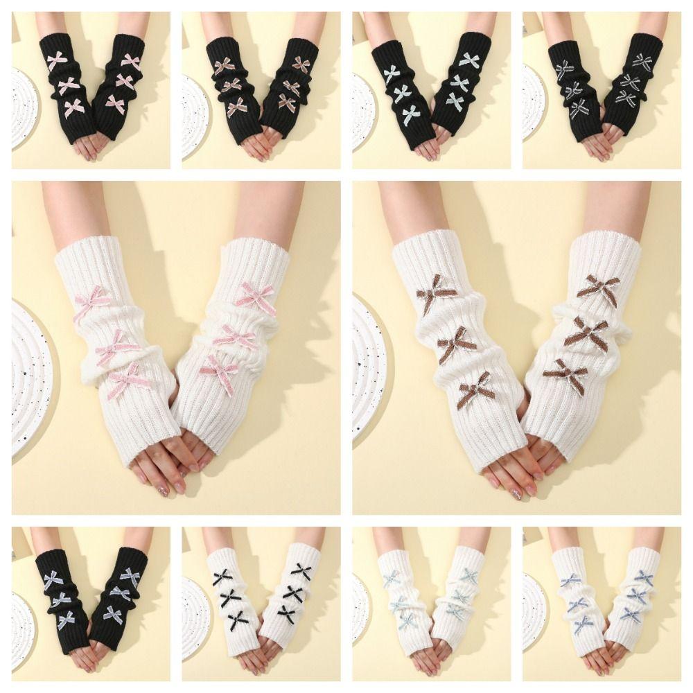 Thicken Y2K Fingerless Gloves Soft Knitted Sleeve Cover Fashion Bow Arm Warmers Winter