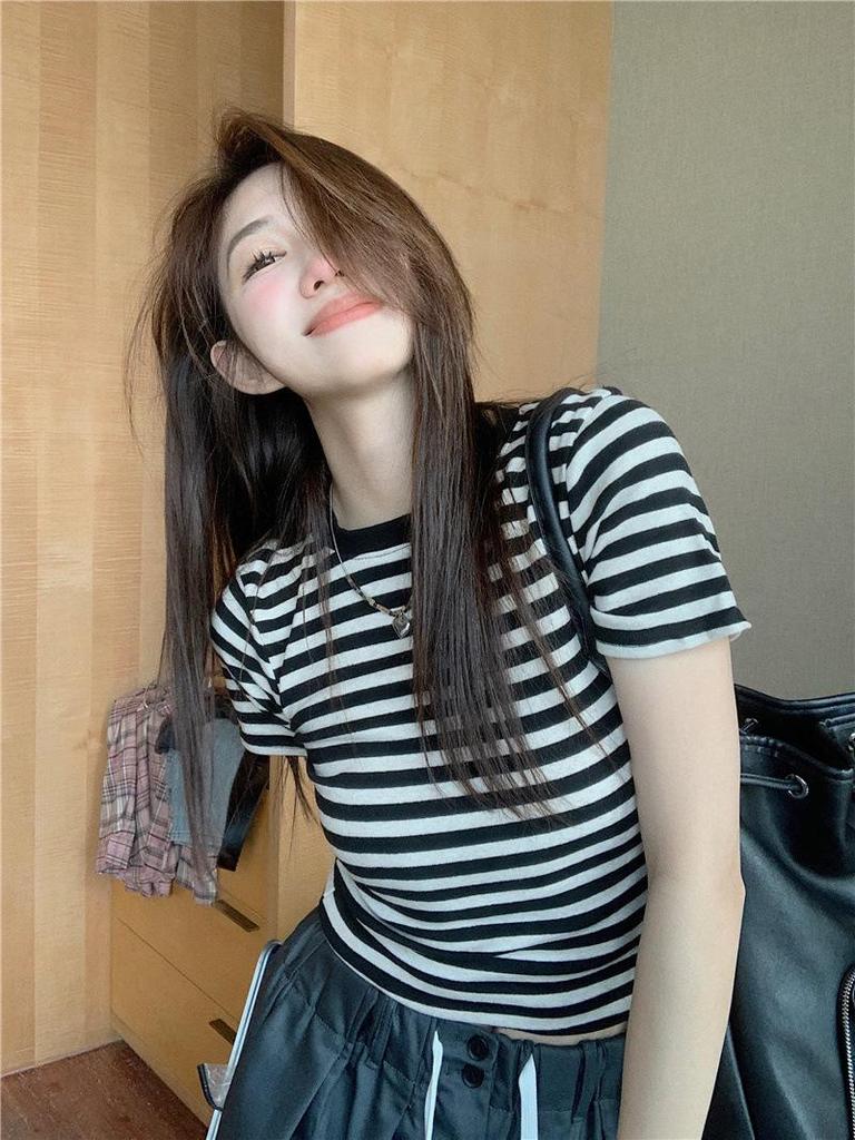 Striped Short-Sleeve French Cotton T-Shirt for Women