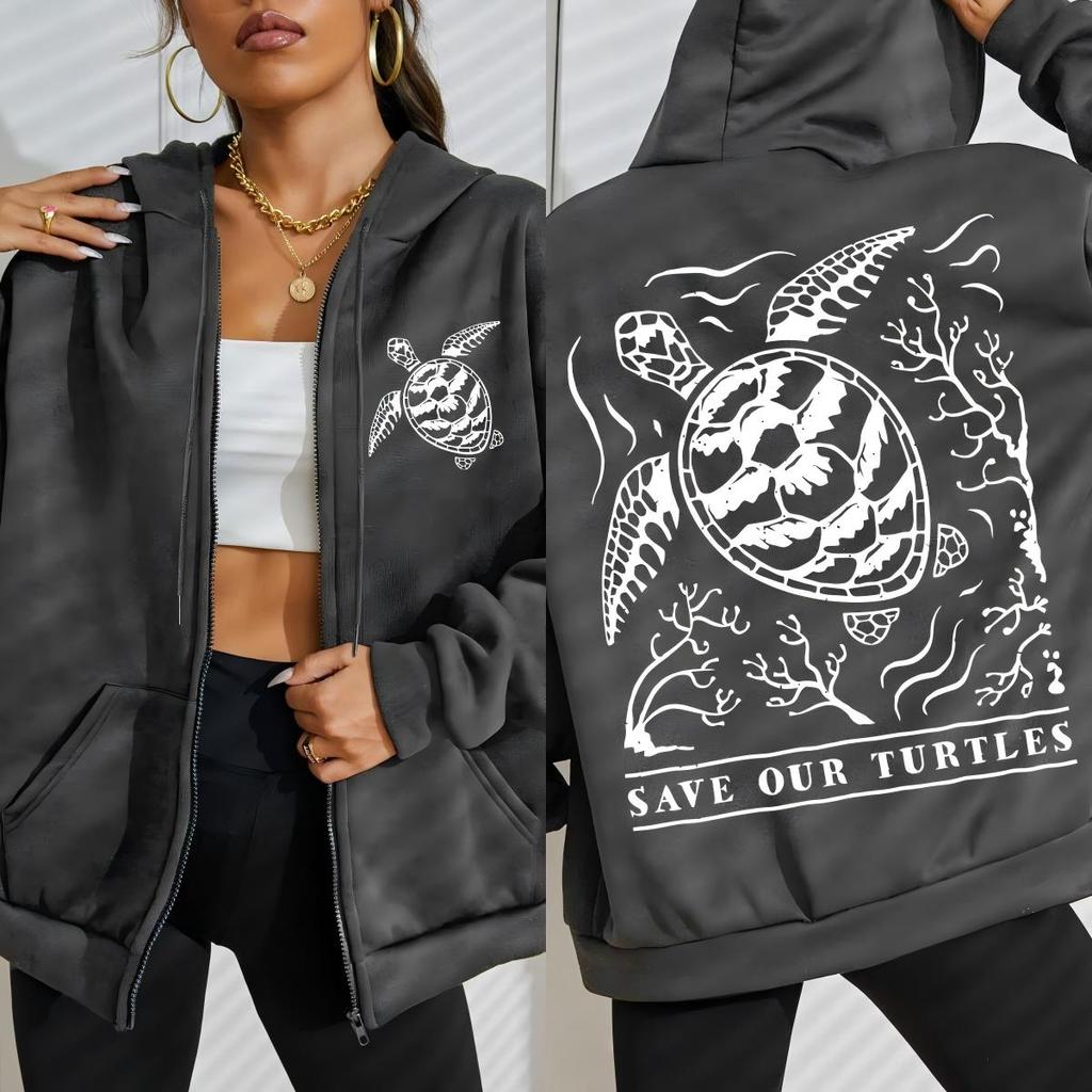 Save Our Turtles Ocean Creative Print Zipper Hoody Woman Fashion Fleece Clothings Casual Oversized Tops Hoodie