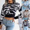 Autumn and Winter Tiger Pattern Knitted Sweater Women Long Sleeved Open Navel Sexy Pullover Sweaters Women Fashion New Round Neck Warm Knitwear 24596