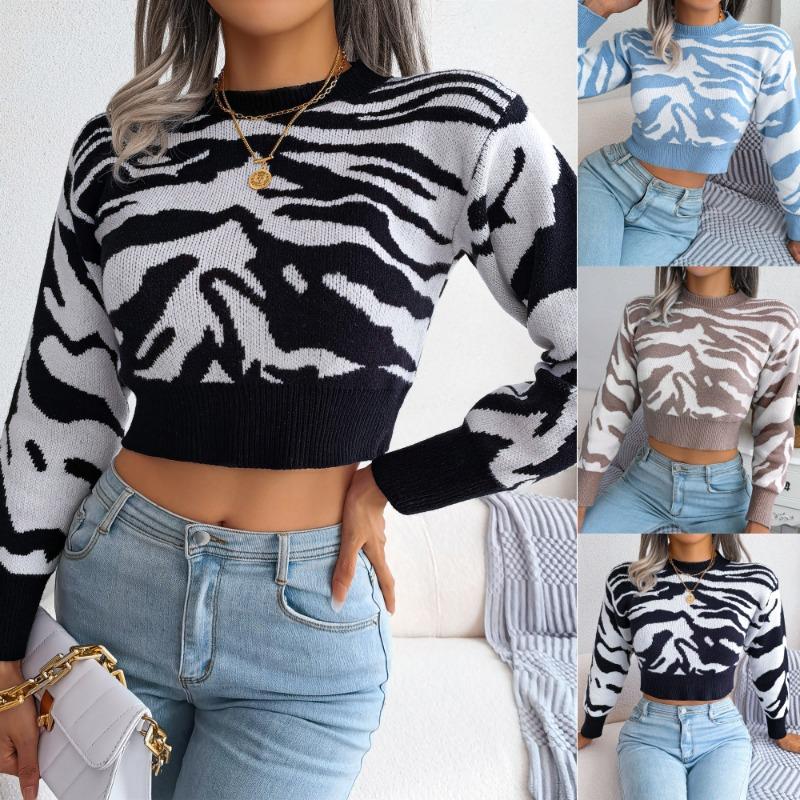 Autumn and Winter Tiger Pattern Knitted Sweater Women Long Sleeved Open Navel Sexy Pullover Sweaters Women Fashion New Round Neck Warm Knitwear 24596