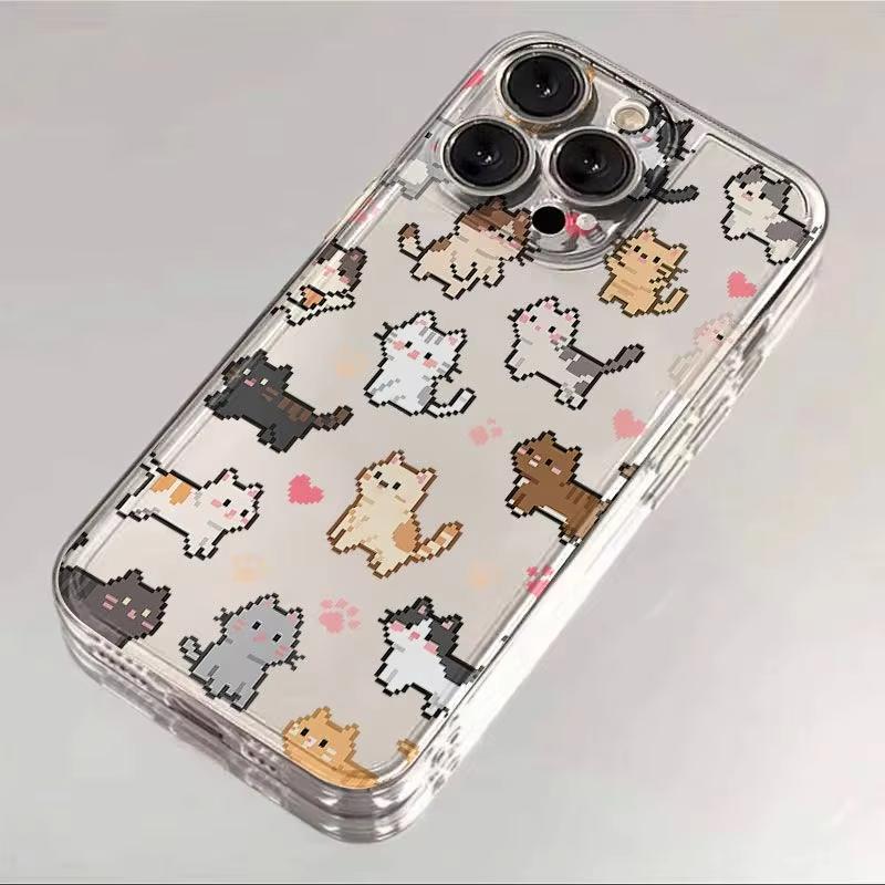 Pixel Style Cat and Paw Print Phone Case for iPhone 17 16 15 14 13 12 11 16E Series Pro Max Plus Double Layer Protection