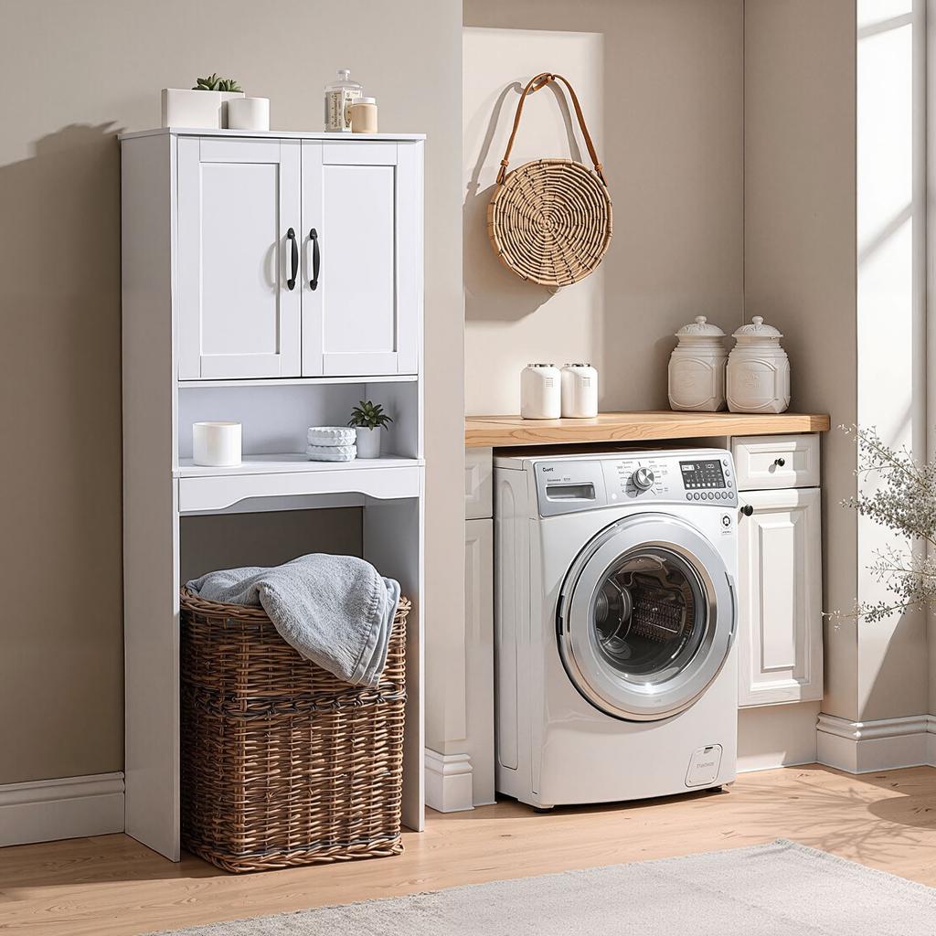 VEVOR Over The Toilet Storage Cabinet, 165.1 cm Height Bathroom Storage Organizer with Double Door and Adjustable Shelf