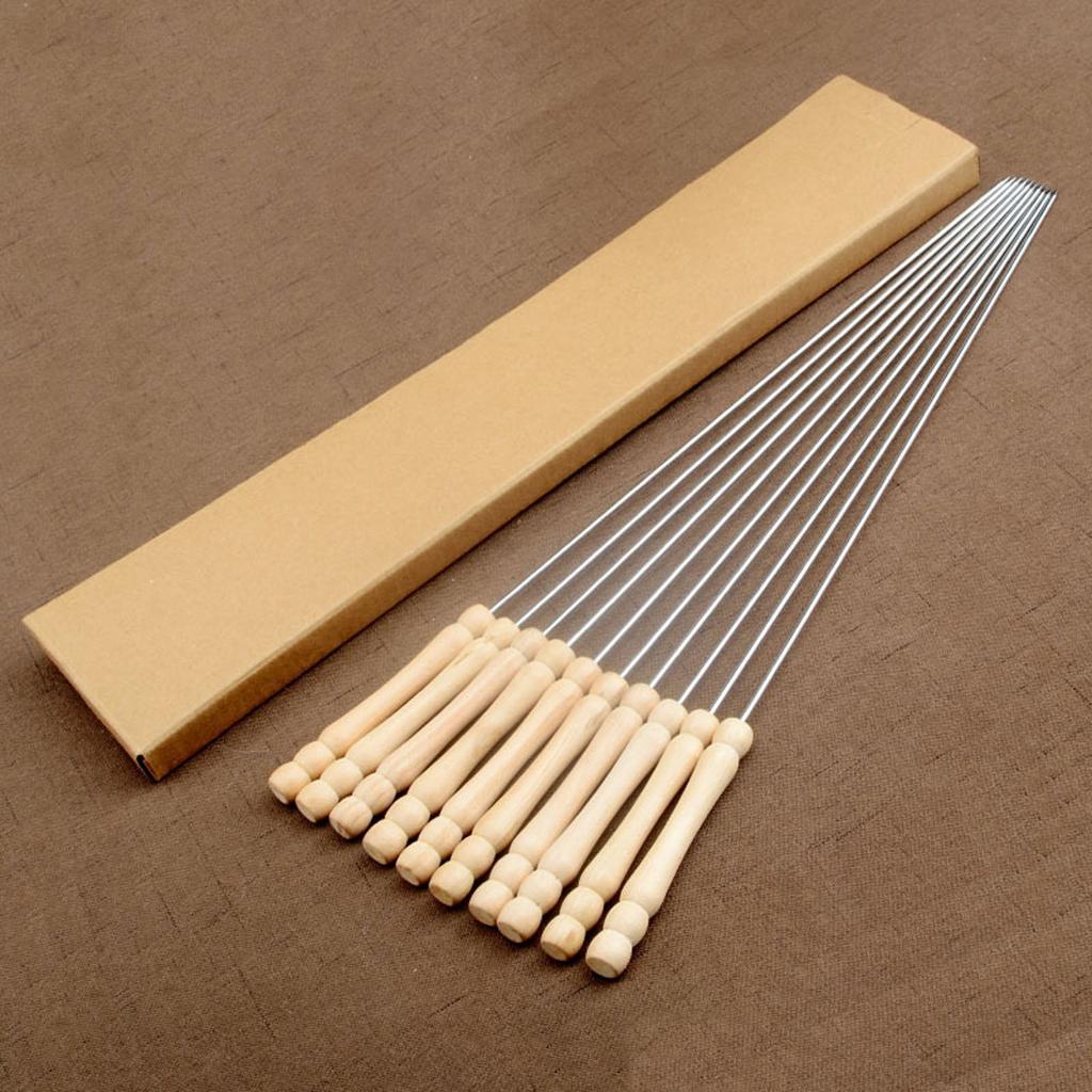 Набор из 10 шампуров для барбекю из нержавеющей стали с удобными деревянными ручками. Прочные круглые шампуры-палочки для кебаба, легко моются.