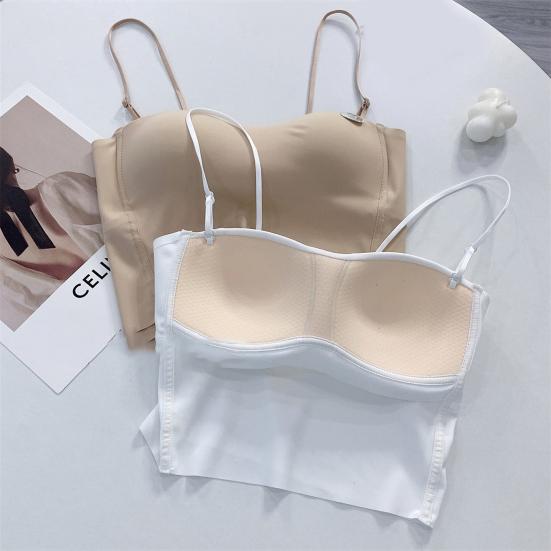 Yousheng Ice Silk Sling Vest with Chest Pad Adjustable Straps Beautiful Back Camisole Top Elastic Fabric Bottoming Tops