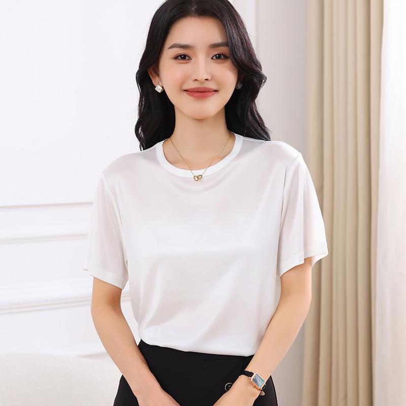 Round Neck Short Sleeve Womens Single Color Thin T-shirt V-neck Top Comfortable Fit T-shirt